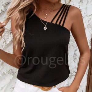 Strappy Black Tank Top Asymmetric Neck Stretchy (fits more like a small/medium)